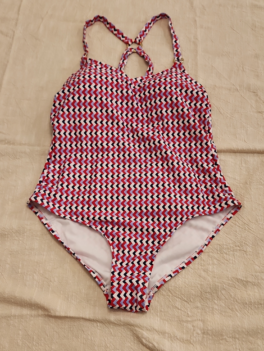 Cross-Back One-Piece Swimsuit in Red Chevron Print Size 14, Appears To Run Small